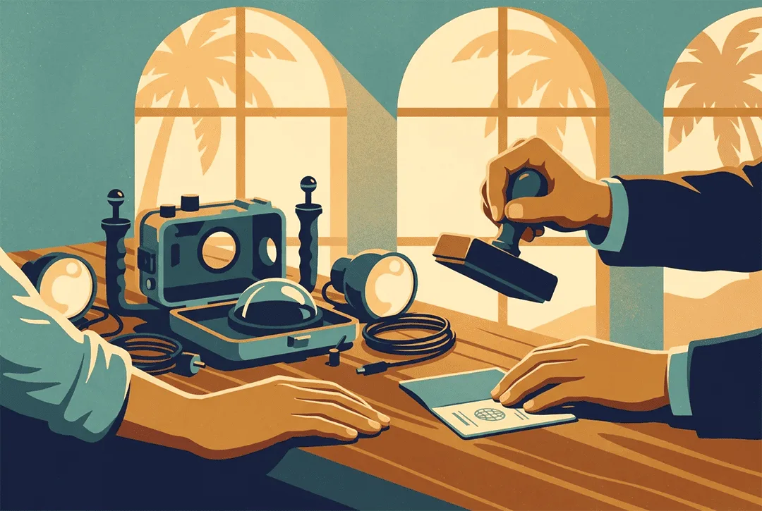 Illustration: customs counter with underwater camera housing and customs stamp