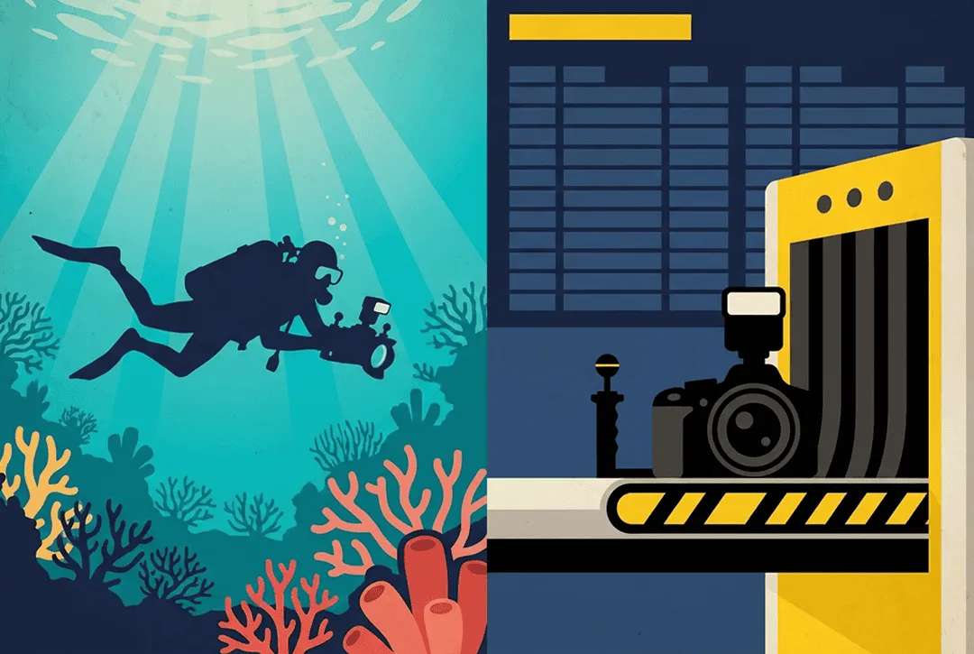 Illustration: underwater diver-photographer and airport security check